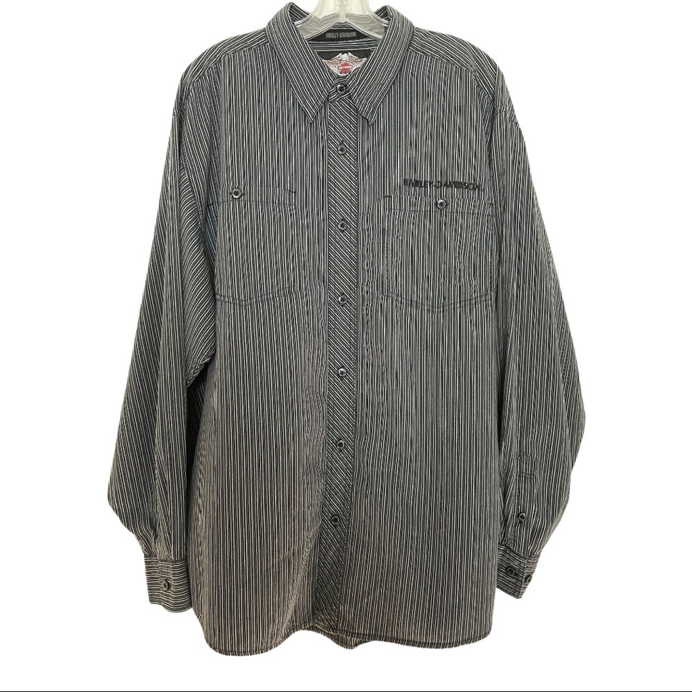 Harley Davidson Long Sleeve Button Down Pin-Stripe Black Biker Mechanic Shirt XL